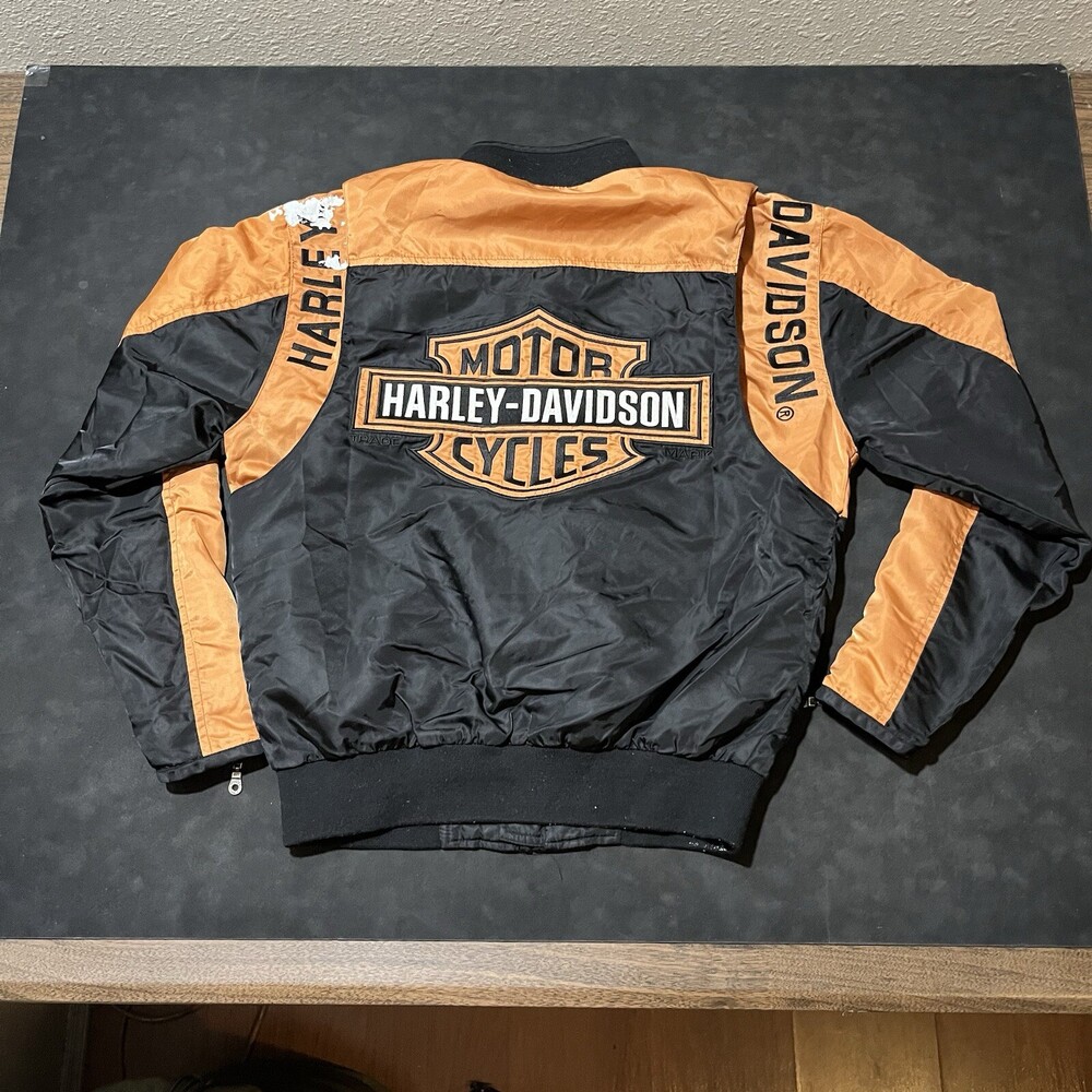 Harley Davidson Racing Jacket Black Orange Bar Shield Nylon Bomber Motto Vintage